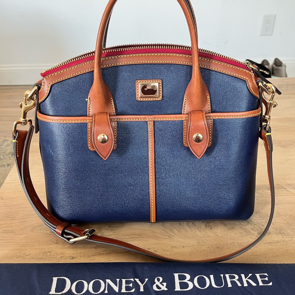Dooney & Bourke navy blue and brown leather Satchel